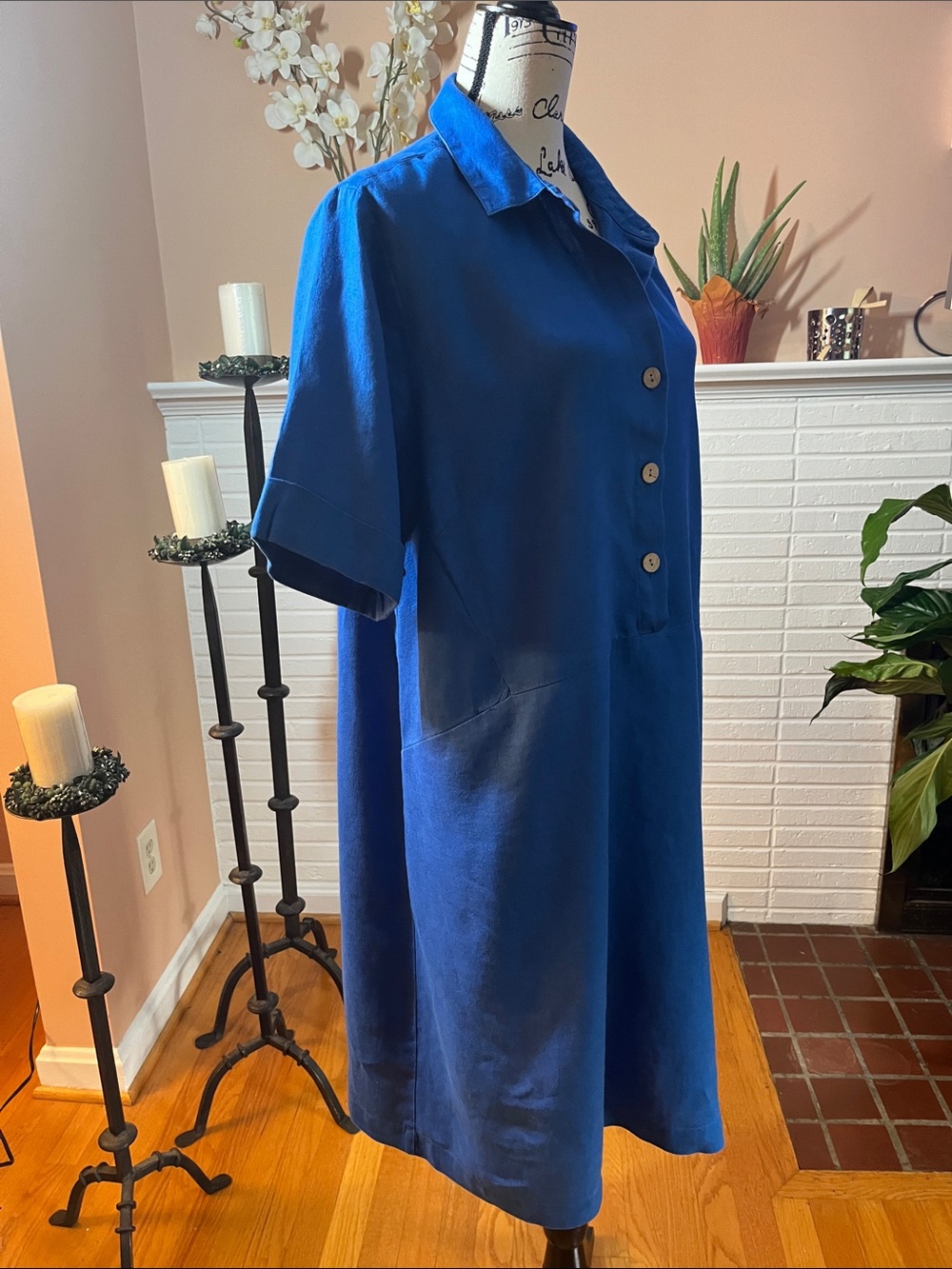 J.Jill Love Linen Bright Royal Blue Collared Button-Front Dress - Picture 3 of 8
